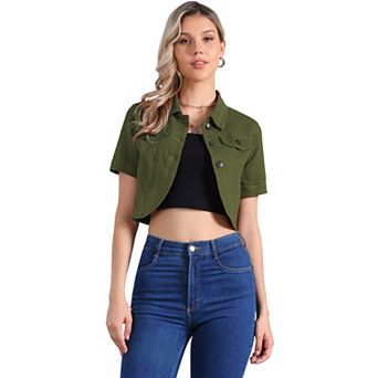 Casual Denim Jacket for Women's Turndown Collar Short Sleeves Crop Jean Jackets