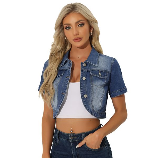 Collared Neck Short Sleeve Denim Jacket