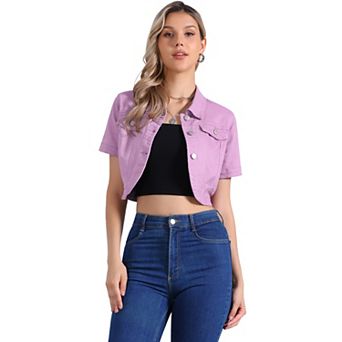 Casual Denim Jacket for Women's Turndown Collar Short Sleeves Crop Jean Jackets