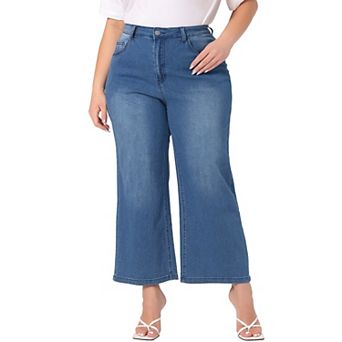 Plus Size Jeans For Women Stretchy Washed Button Wide Leg Jeans Palazzo Pants