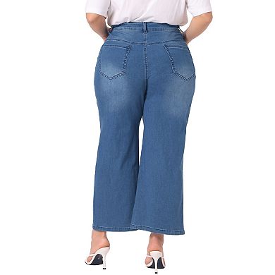 Plus Size Jeans For Women Stretchy Washed Button Wide Leg Jeans Palazzo Pants