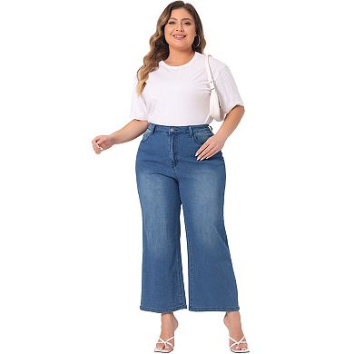 Plus Size Jeans For Women Stretchy Washed Button Wide Leg Jeans Palazzo Pants