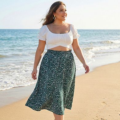 Plus Size Skirts For Women Pleated Elastic High Waist Midi Casual With Pockets