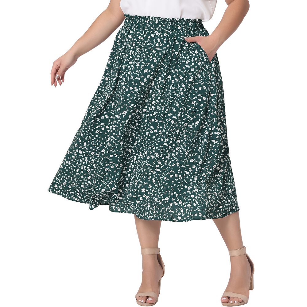 plus-size-skirts-for-women-pleated-elastic-high-waist-midi-casual-with
