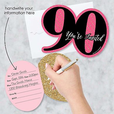 Big Dot Of Happiness Chic 90th Birthday Pink & Gold Shaped Fill-in Invites & Envelopes 12 Ct