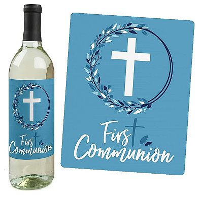 Big Dot Of Happiness First Communion Blue Elegant Cross Party Wine Bottle Label Stickers 4 Ct
