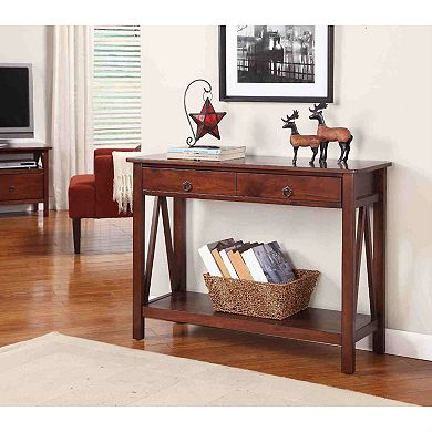 2-drawer Console Sofa Table Living Room Storage Shelf In Tobacco Brown