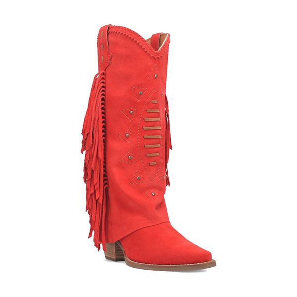 Dingo Women's Spirit Trail Side Fringed Leather Cowboy Boots - Red (10)