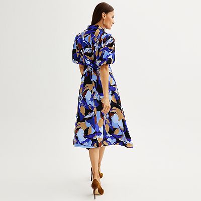 midi balloon dress for women Balloon Sleeve Midi Dress: Ditsy Floral Cotton with Pockets