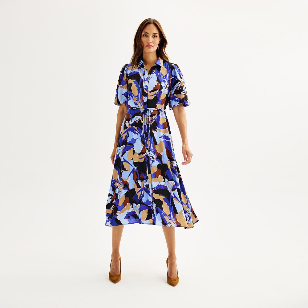 Satin Midi Dress with Balloon Sleeves - Evening Elegance