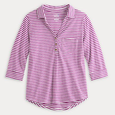 Haut J. Jill Lavande à Rayures Blanches - Taille M, Coton, Poches, Manches 3/4, Occasion Très Bon État