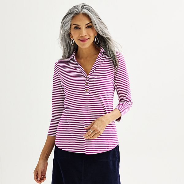 Womens Croft & Barrow® Single Pocket 3/4-Sleeve Polo Shirt - Berry Stripe (XX LARGE)