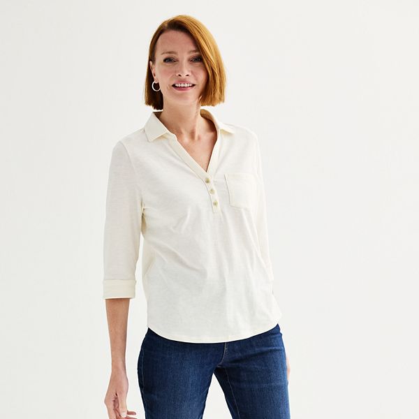 Womens Croft & Barrow® Single Pocket 3/4-Sleeve Polo Shirt - Ivory (XX LARGE)