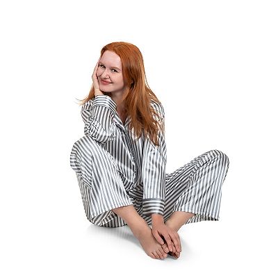 Women's Lilac+London Long Satin Notch Collar Pajama Top & Pajama Bottoms Set