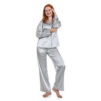 Women's Lilac+London Long Satin Notch Collar Pajama Top & Pajama Bottoms Set