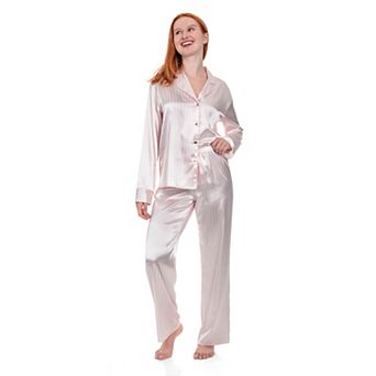 Women's Lilac+London Long Satin Notch Collar Pajama Top & Pajama Bottoms Set