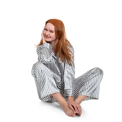 Petite Lilac+London Satin Notch Collar Pajama Top Pajama Bottoms Set - Main Image