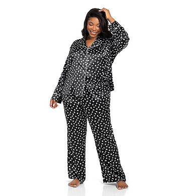Plus Size Lilac+London Satin Notch Collar Pajama Top & Pajama Bottoms Set