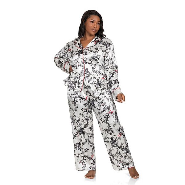 Plus Size Lilac+London Satin Notch Collar Pajama Top & Pajama Bottoms Set - Ivory Black (1X)