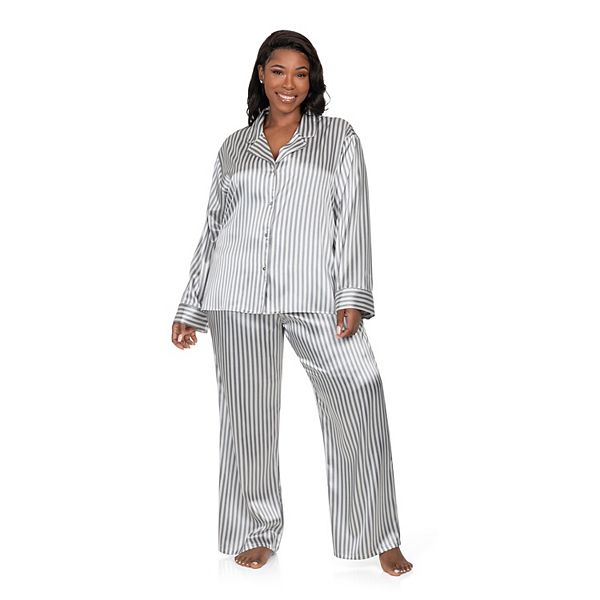 Plus Size Lilac+London Satin Notch Collar Pajama Top & Pajama Bottoms Set - Ivory Charcoal (1X)