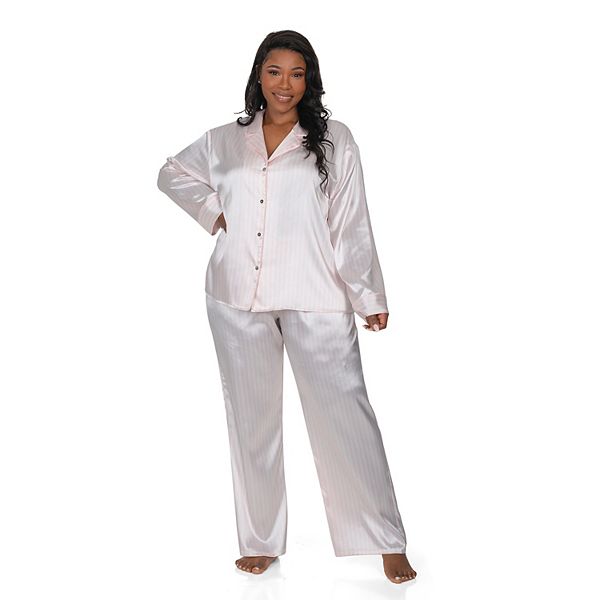 Plus Size Lilac+London Satin Notch Collar Pajama Top & Pajama Bottoms Set - Ivory Pink (1X)
