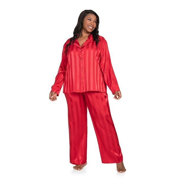 Plus Size Lilac+London Satin Notch Collar Pajama Top & Pajama Bottoms Set - Red (1X)