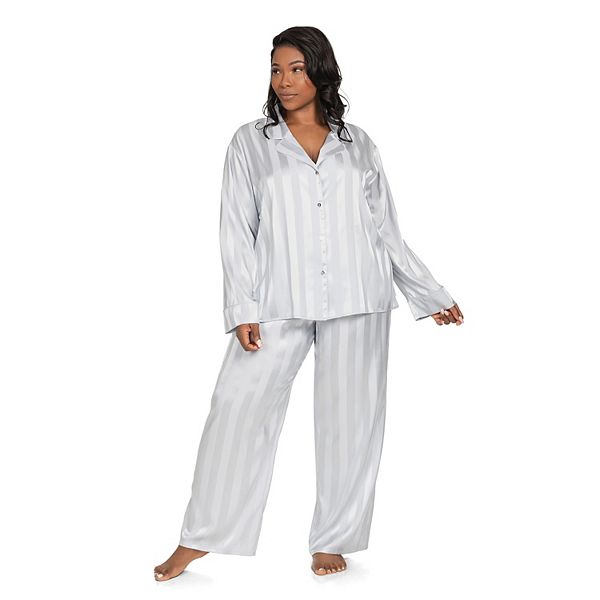 Plus Size Lilac+London Satin Notch Collar Pajama Top & Pajama Bottoms Set - Silver (1X)