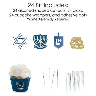 Big Dot Of Happiness Happy Hanukkah Decor - Cupcake Wrappers & Treat Picks Kit 24 Ct
