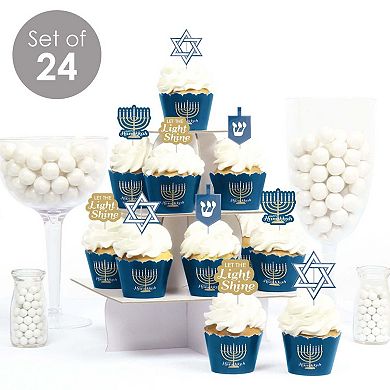 Big Dot Of Happiness Happy Hanukkah Decor - Cupcake Wrappers & Treat Picks Kit 24 Ct
