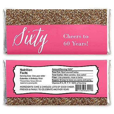 Big Dot Of Happiness Chic 60th Birthday Pink Black Gold Candy Bar Wrappers Party Favors 24 Ct