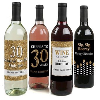 Big Dot Of Happiness Adult 30th Birthday Gold - Party Gift - Wine Bottle Label Stickers 4 ct