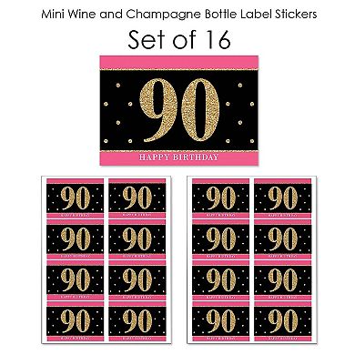 Big Dot Of Happiness Chic 90th Birthday Pink Black Gold Mini Wine Bottle Stickers Favor 16 Ct