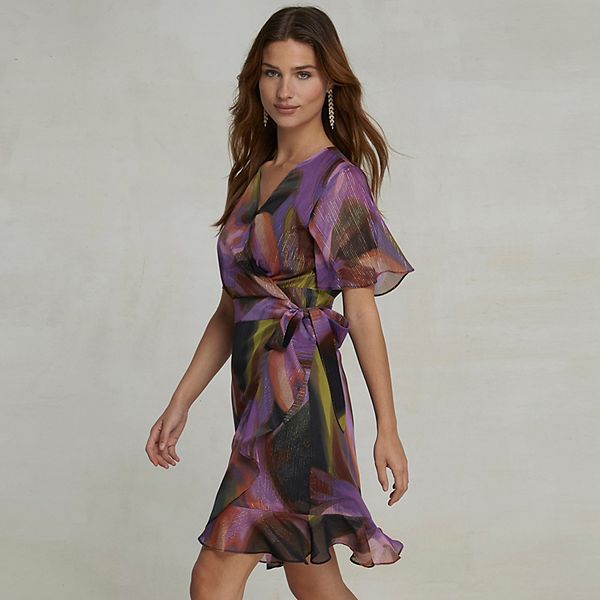 nicole miller ladies faux wrap dress Nicole Miller Faux Wrap Tie Dress Size Medium Floral Watercolors Satin  Summer