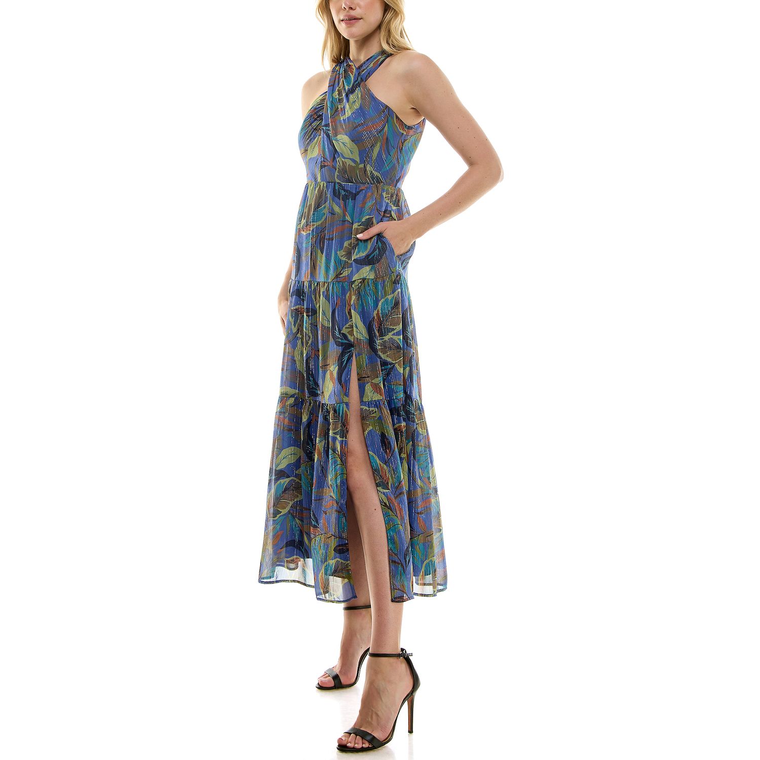MakeMeChic Women's Sleeveless Criss Cross Halter Maxi Dress - High Waisted With Thigh Slit, Summer Sundress