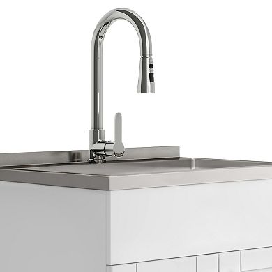 Simpli Home Modern Wide Shaker All-In-One 28-in. Laundry Utility Sink and Cabinet