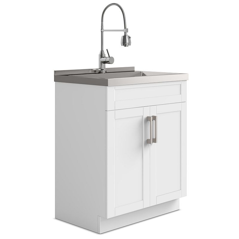 Simpli Home Hennessy Transitional 28 inch Deluxe Laundry Cabinet with Faucet and Stainless Steel Sink in White