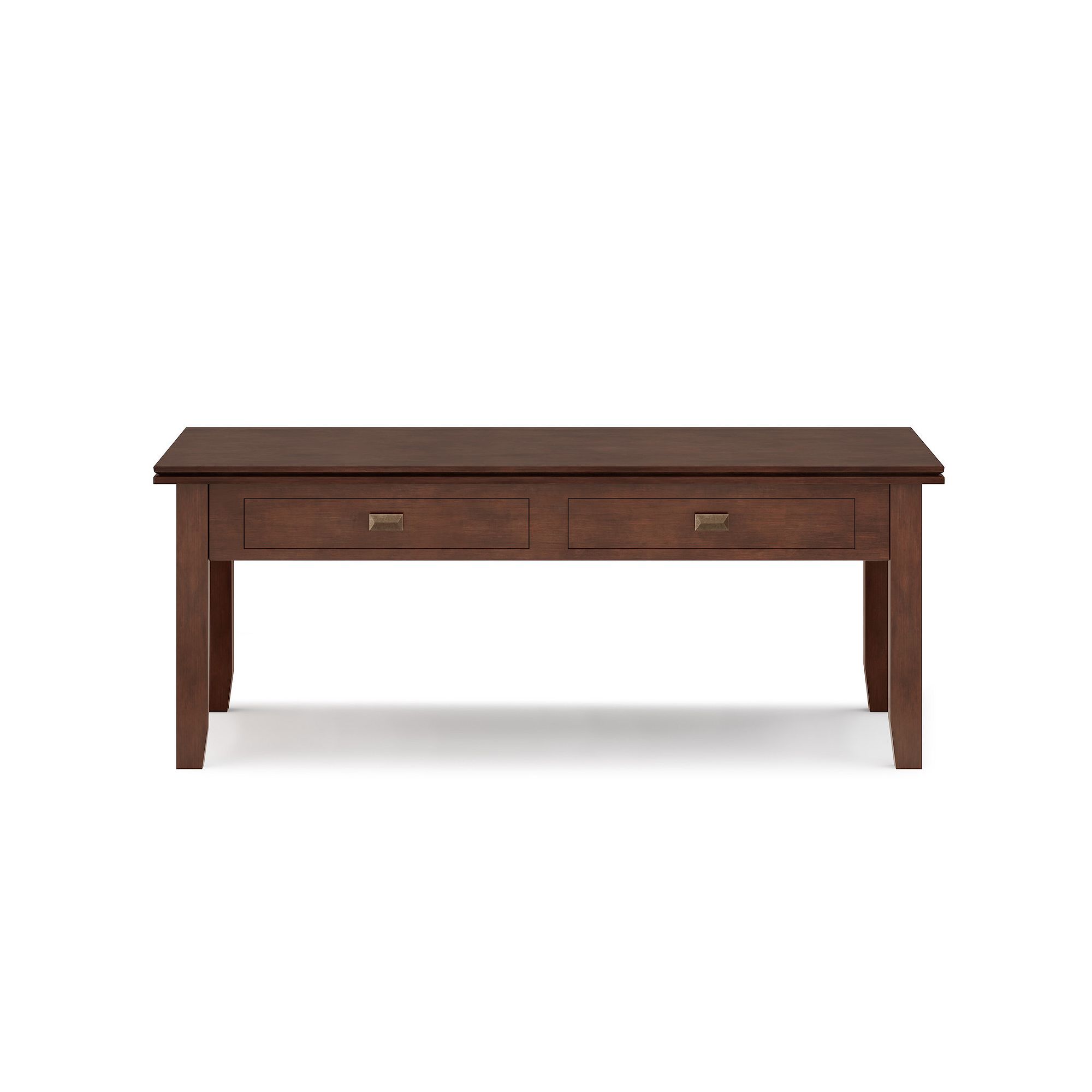Artisan lift top coffee table with two drawers in dark wood.