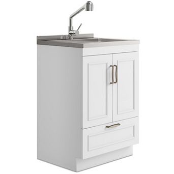 Simpli Home Cardinal 24 in Laundry Cabinet with Faucet and Stainless Steel Sink