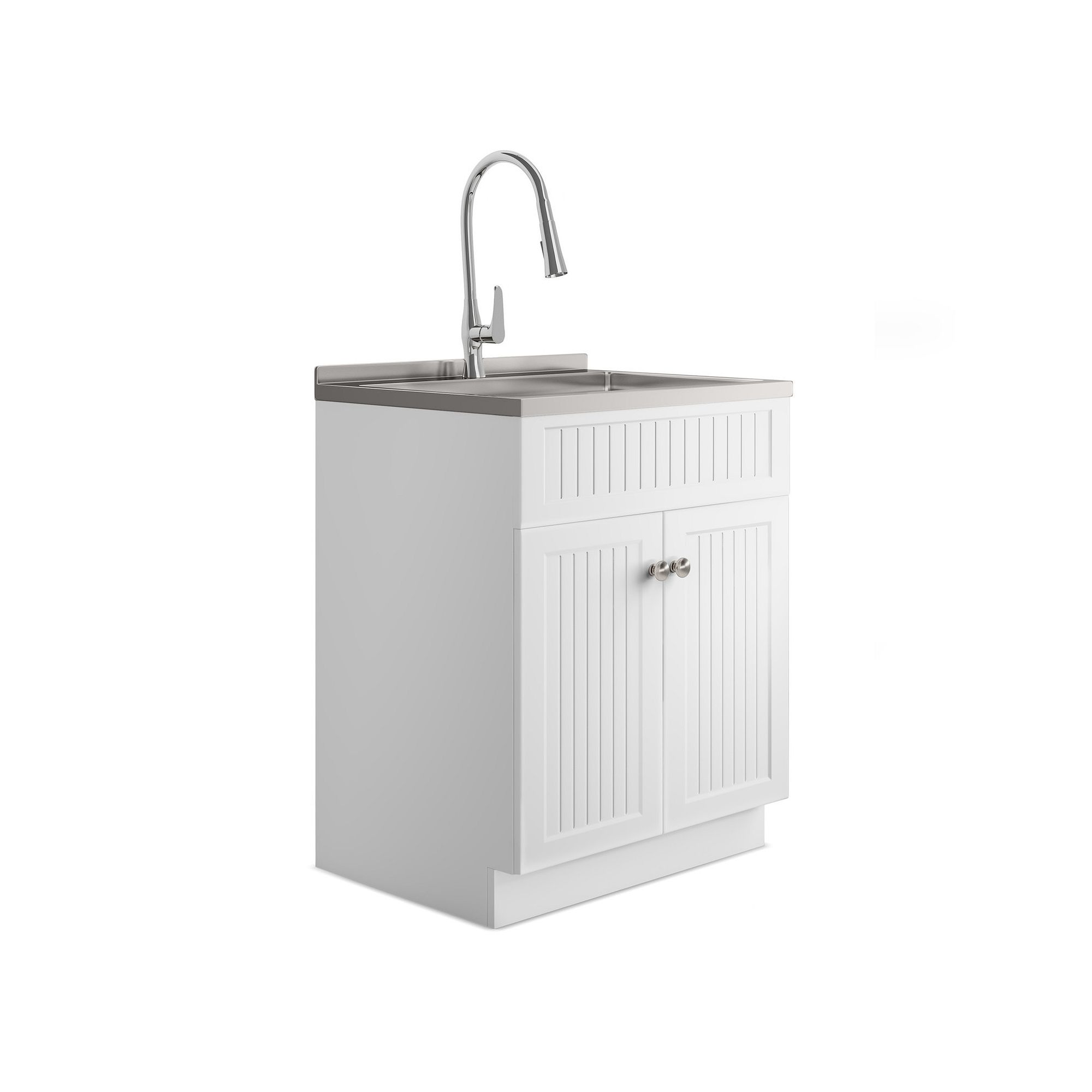 Simpli Home Beckham 28-in. Laundry Cabinet with Faucet and Stainless Steel 