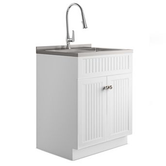 Simpli Home Beckham 28 in Laundry Cabinet with Faucet and Stainless Steel Sink