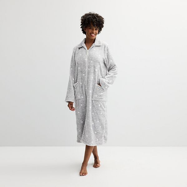 Women's Croft & Barrow® Plush Zip Front Long Robe - Gray Snow Dots (MEDIUM)