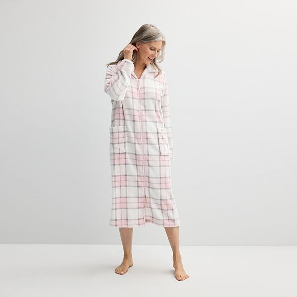 Women's Croft & Barrow® Plush Zip Front Long Robe - Pink Plaid (SMALL)