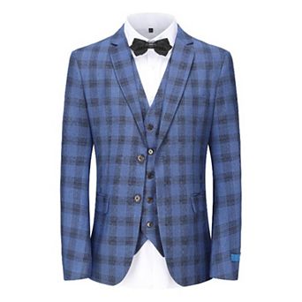 Men's 3 pc Performance Stretch Slim Fit Blue & Black Plaid Suit