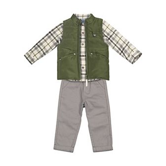 Toddler Boy Little Lad 3 pc Olive Puffer Vest, Shirt & Pants Set