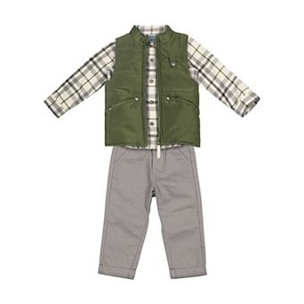 Toddler Boy Little Lad 3 pc Olive Puffer Vest, Shirt & Pants Set
