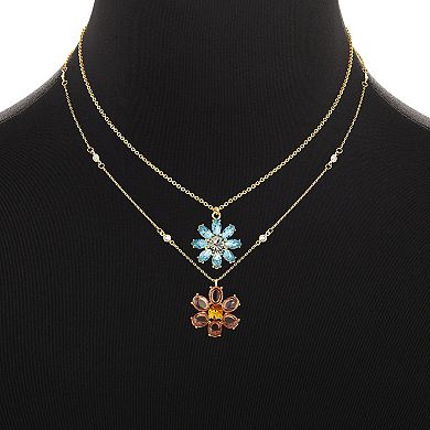 Emberly Gold Tone Blue & Rose Flower Pendant Chain Necklace 2 pc Set
