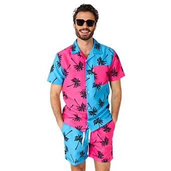 Men's OppoSuits Neon Parallel Palm Print Short Sleeve Button Down Shirt & Shorts Set