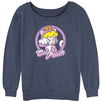 Juniors' Super Mario Bros Cat Peach Badge Slouchy Terry Graphic Pullover