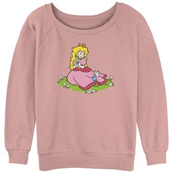 Juniors' Super Mario Bros Princess Peach Picking Flowers Slouchy Terry Graphic Pullover