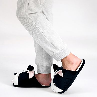 Wembley Black & White Dog Plush Memory Foam Adult Slippers